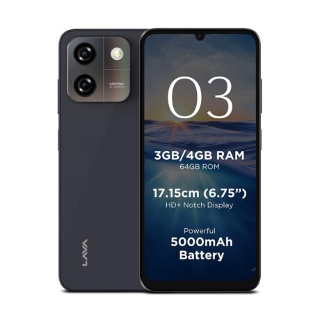 Lava O3 (Glossy Black, 4 GB RAM, 64 GB Storage) | Biggest 6.75" HD+ Display | 13MP AI Dual Rear Camera | 5000 mAh Battery | Secure Face Unlock | Fingerprint Reader | Charger & Phone-Cover in Box
