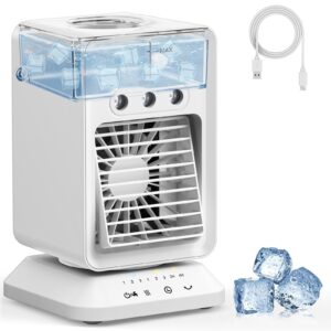 HIFRESH Mini Cooler for Room w/Auto Rotate, 3 Spray Modes, Cold Air, Mini Fan w/Top Ice Chamber, 1/2/3/4H Timer, USB Compatible Air Cooler for Room Cooling, 3 Speeds Small AC, Low Power Consumption