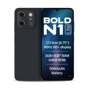 Lava Bold N1 Lite (Crystal Blue, 3 GB RAM, 64 GB Storage) | 6.75" HD+ Display | 13MP AI Dual Rear Camera | 5000 mAh Battery | Secure Face Unlock | Fingerprint Reader | Charger & Phone-Cover in Box
